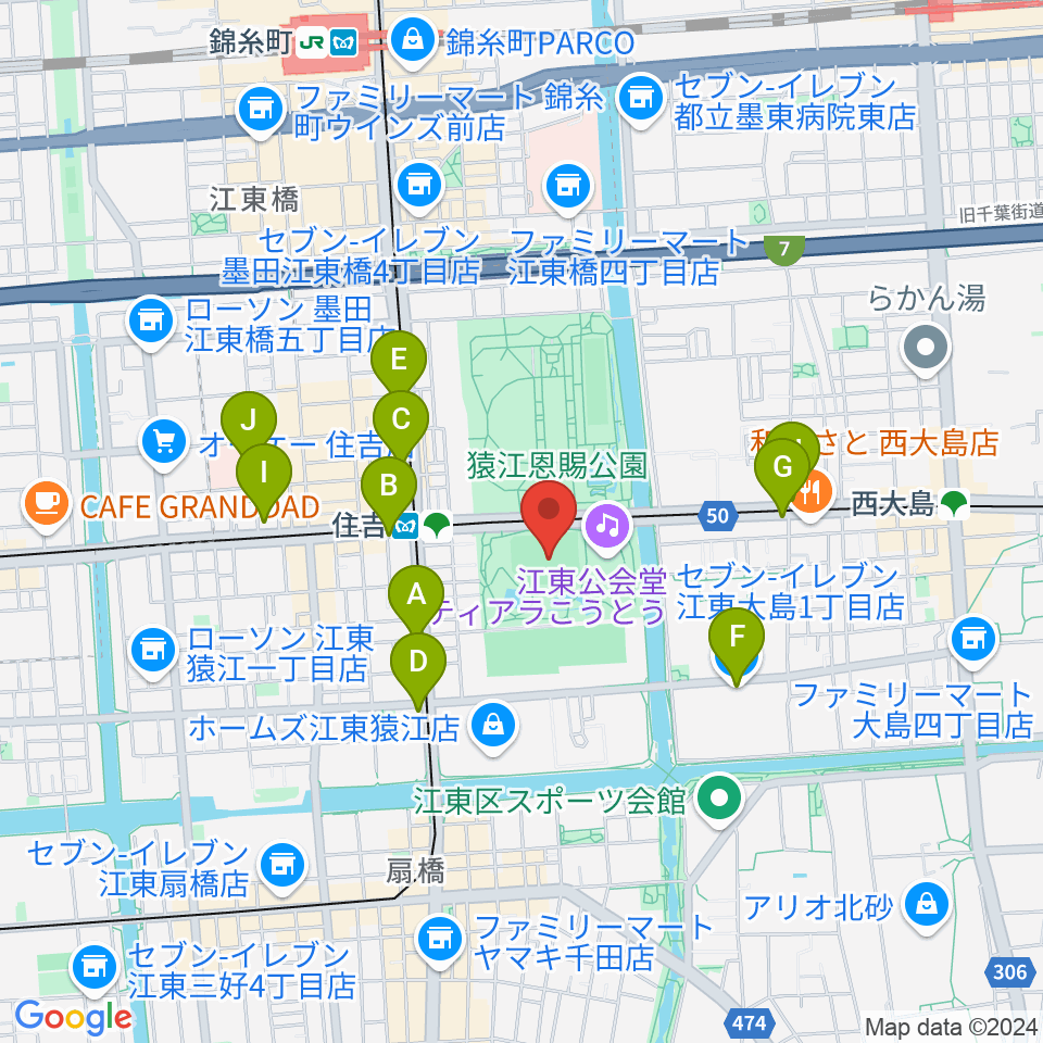 猿江恩賜公園野球場周辺のコンビニエンスストア一覧地図