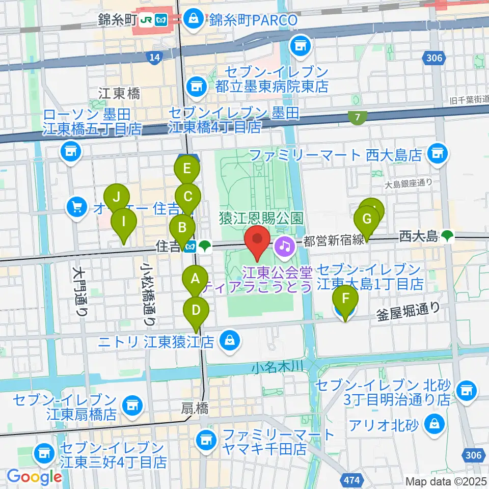 猿江恩賜公園野球場周辺のコンビニエンスストア一覧地図