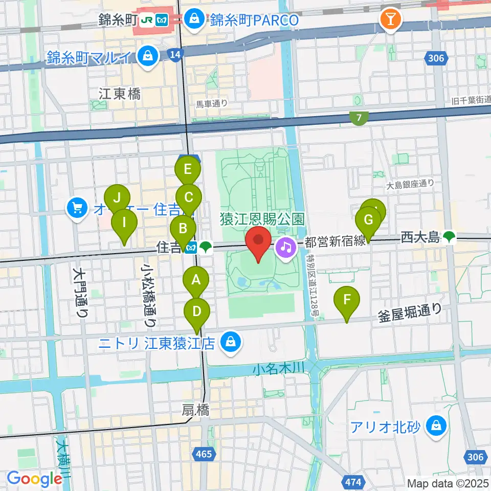 猿江恩賜公園野球場周辺のコンビニエンスストア一覧地図