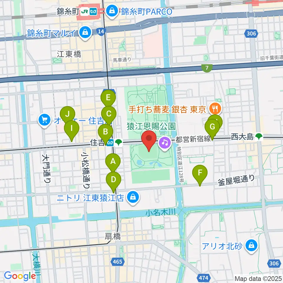 猿江恩賜公園野球場周辺のコンビニエンスストア一覧地図