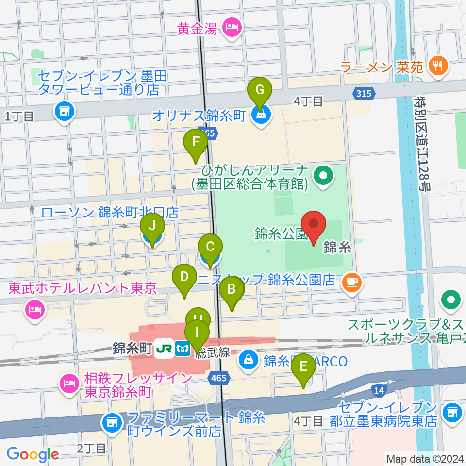 錦糸公園野球場周辺のコンビニエンスストア一覧地図