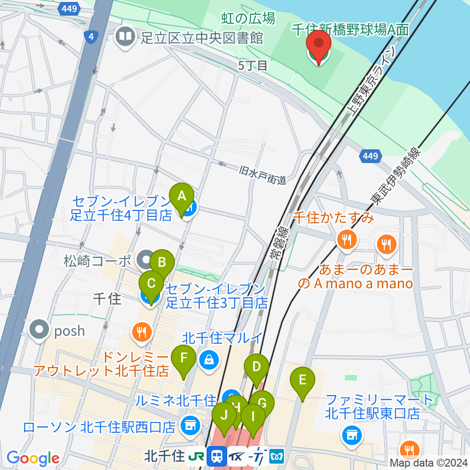 千住新橋野球場周辺のコンビニエンスストア一覧地図