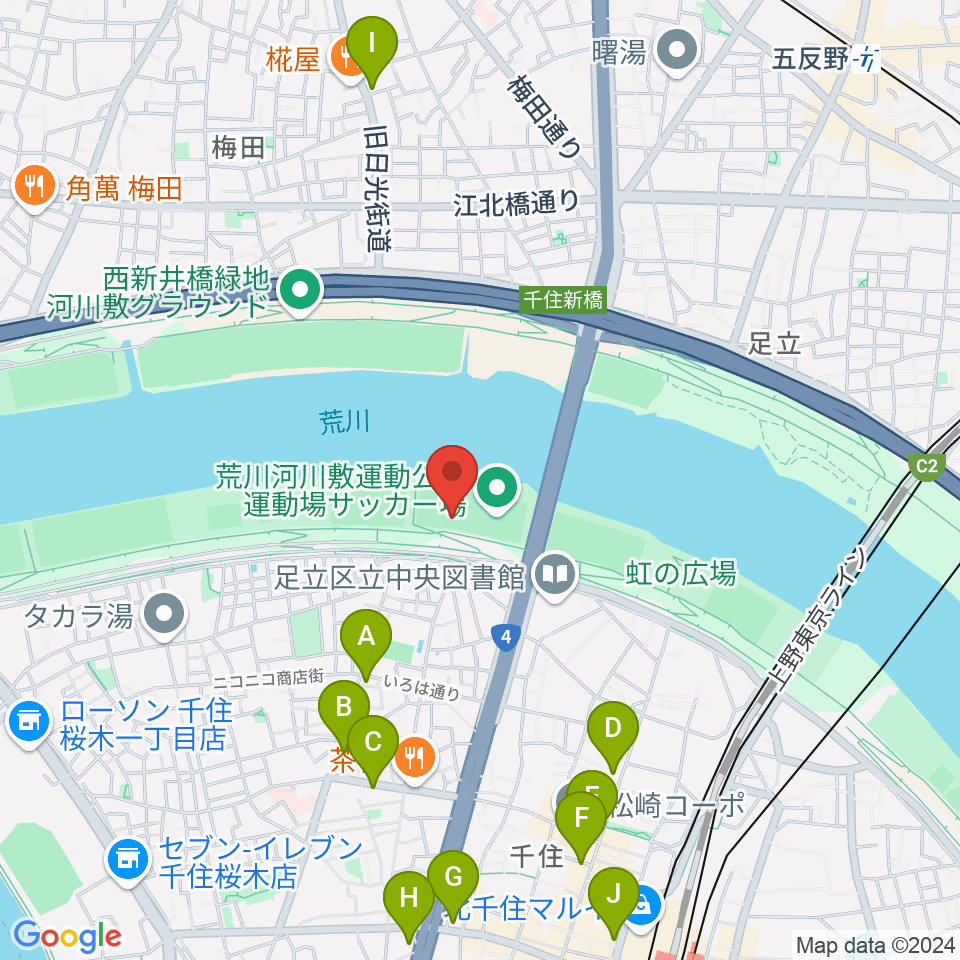 荒川河川敷運動公園野球場周辺のコンビニエンスストア一覧地図