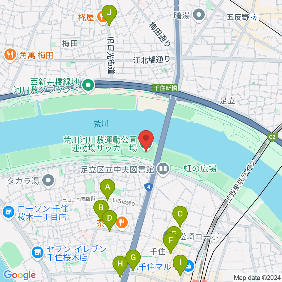 荒川河川敷運動公園サッカー場周辺のコンビニエンスストア一覧地図