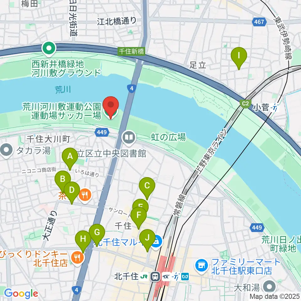 荒川河川敷運動公園サッカー場周辺のコンビニエンスストア一覧地図