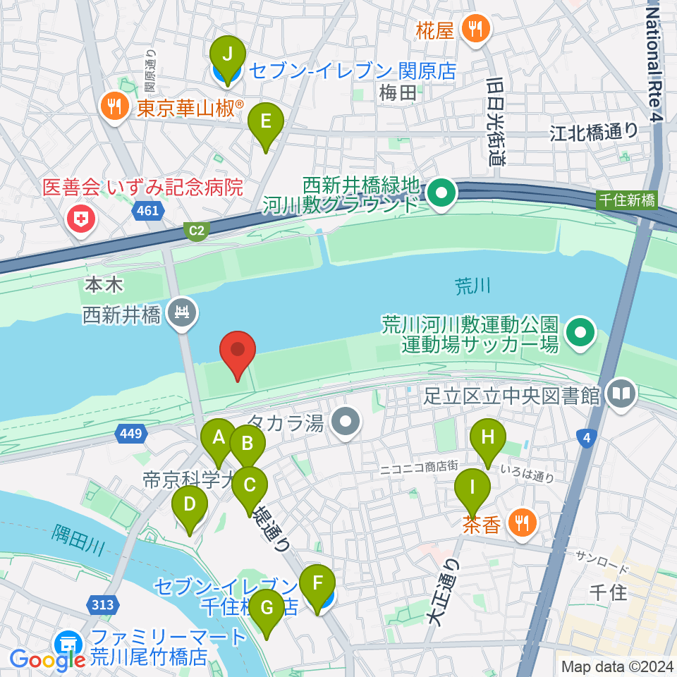 西新井橋野球場周辺のコンビニエンスストア一覧地図