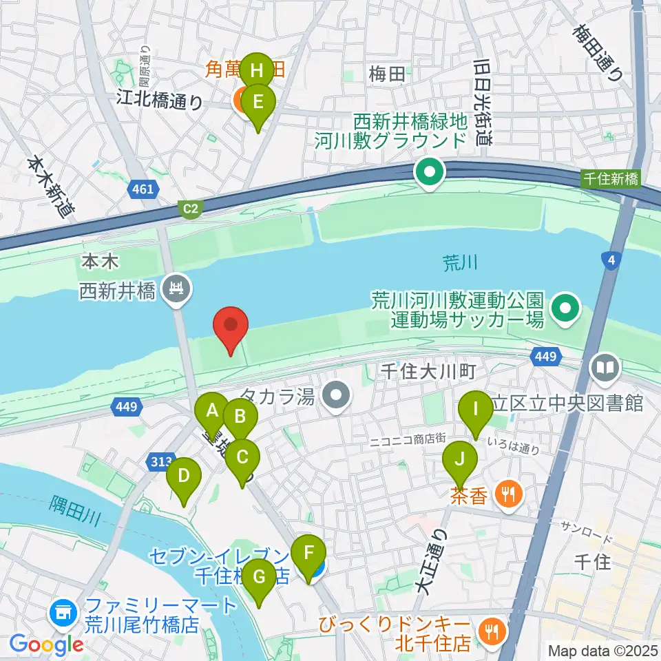 西新井橋野球場周辺のコンビニエンスストア一覧地図