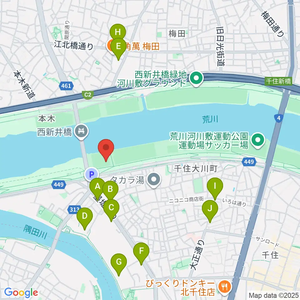 西新井橋野球場周辺のコンビニエンスストア一覧地図