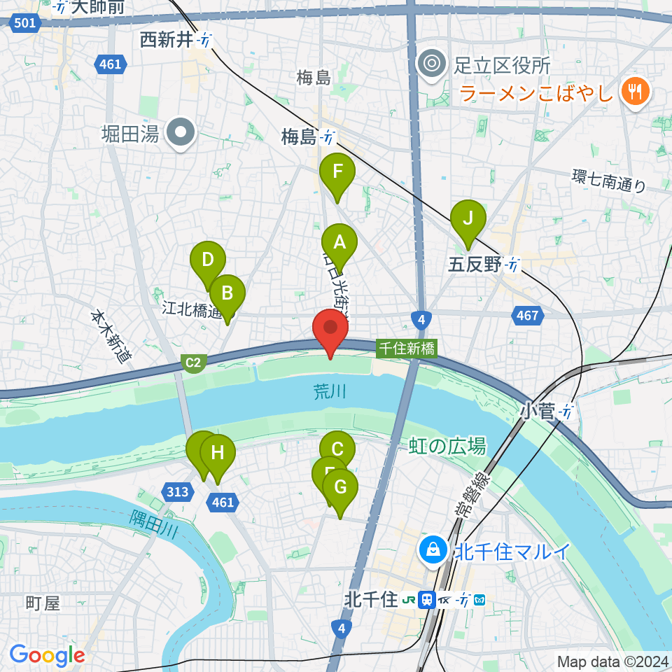 西新井橋緑地野球場周辺のコンビニエンスストア一覧地図