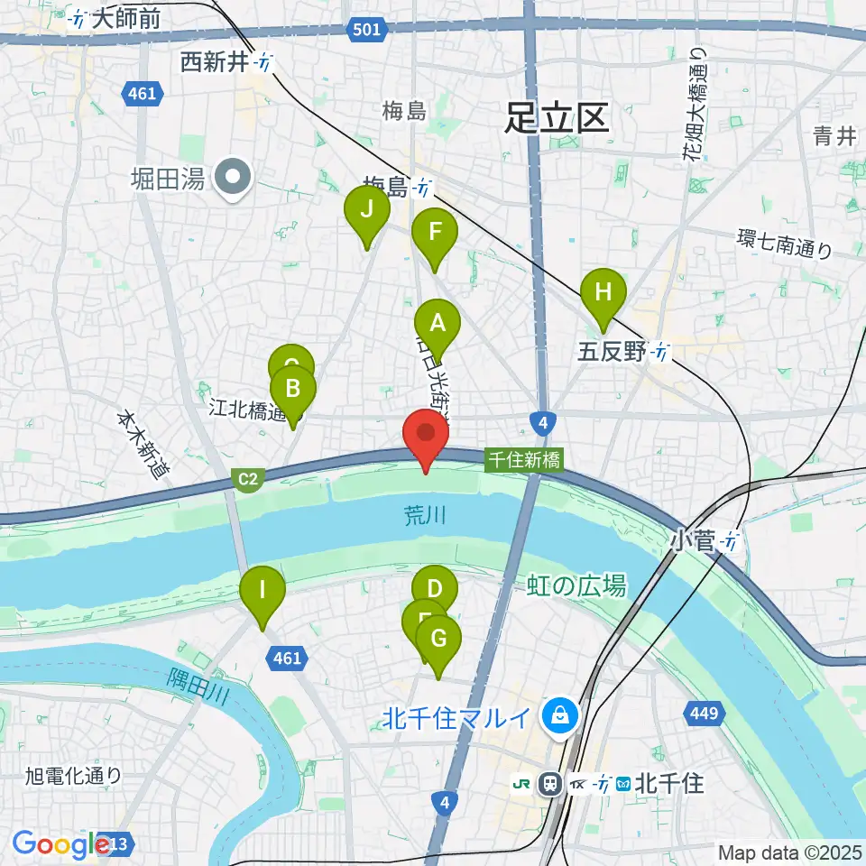 西新井橋緑地野球場周辺のコンビニエンスストア一覧地図