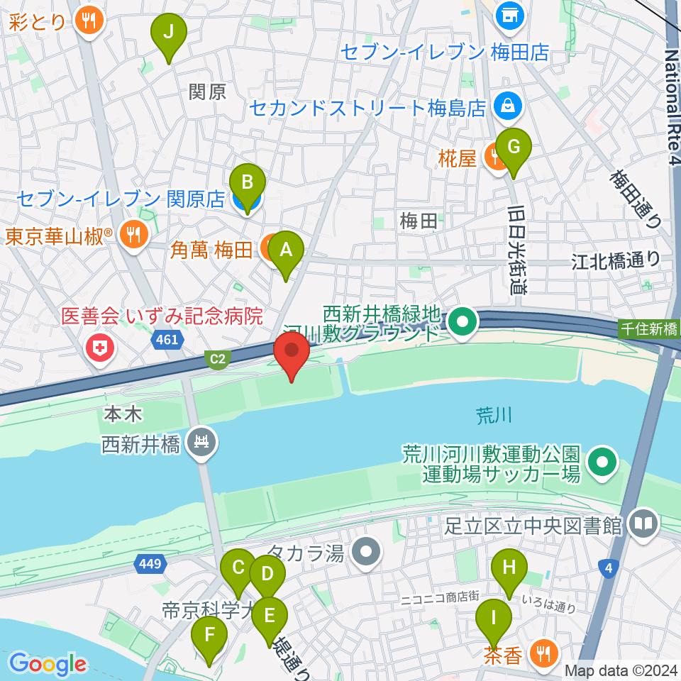 西新井橋緑地球技場周辺のコンビニエンスストア一覧地図