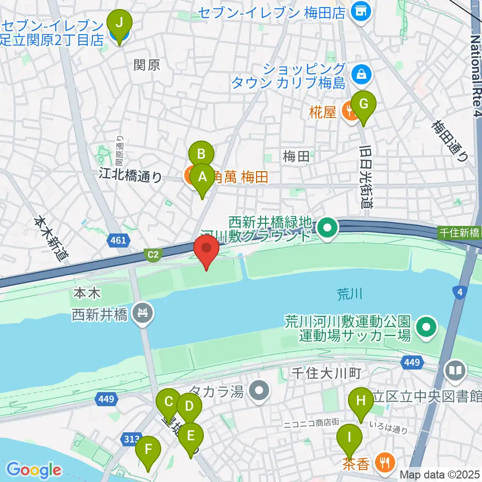西新井橋緑地球技場周辺のコンビニエンスストア一覧地図