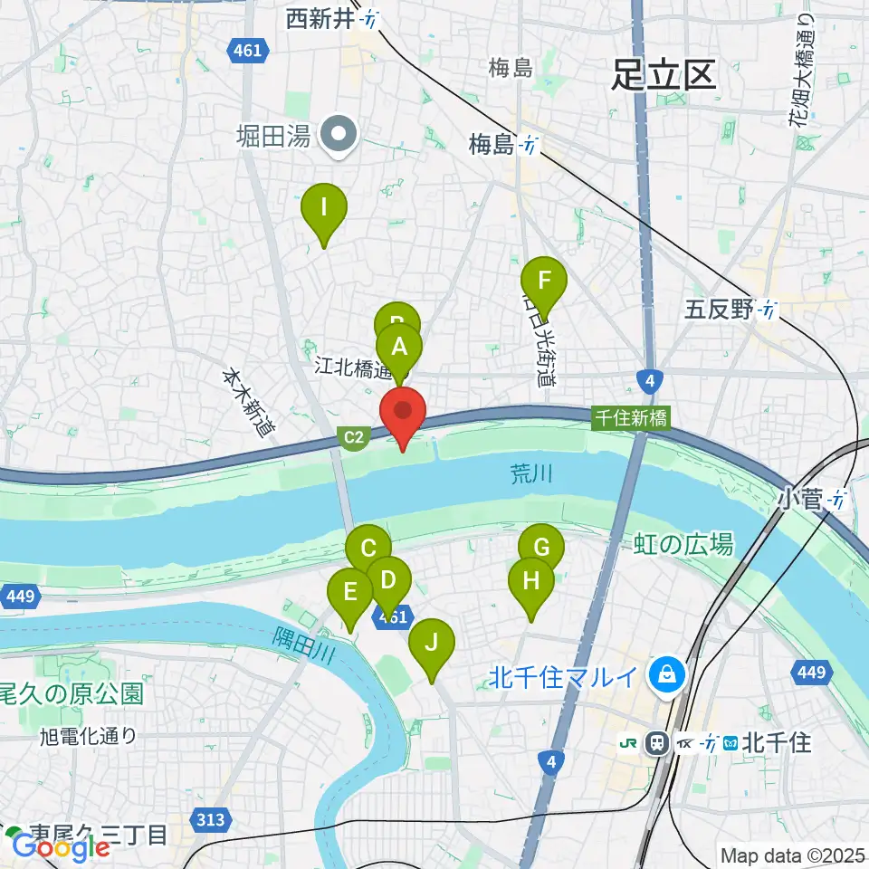 西新井橋緑地球技場周辺のコンビニエンスストア一覧地図