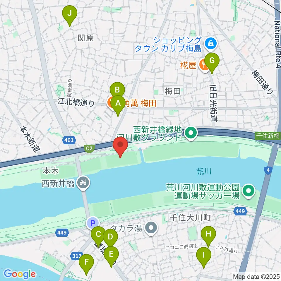 西新井橋緑地球技場周辺のコンビニエンスストア一覧地図