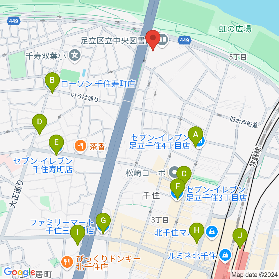 足立区生涯学習センター周辺のコンビニエンスストア一覧地図