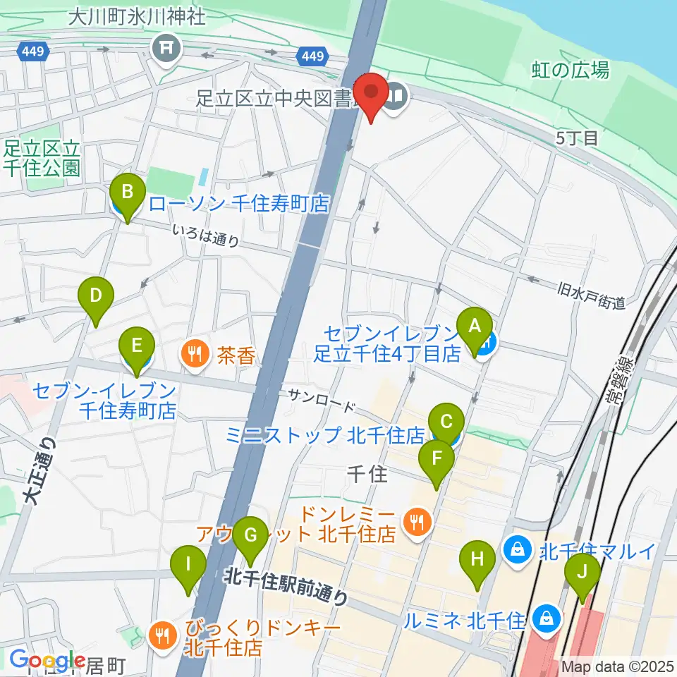 足立区生涯学習センター周辺のコンビニエンスストア一覧地図