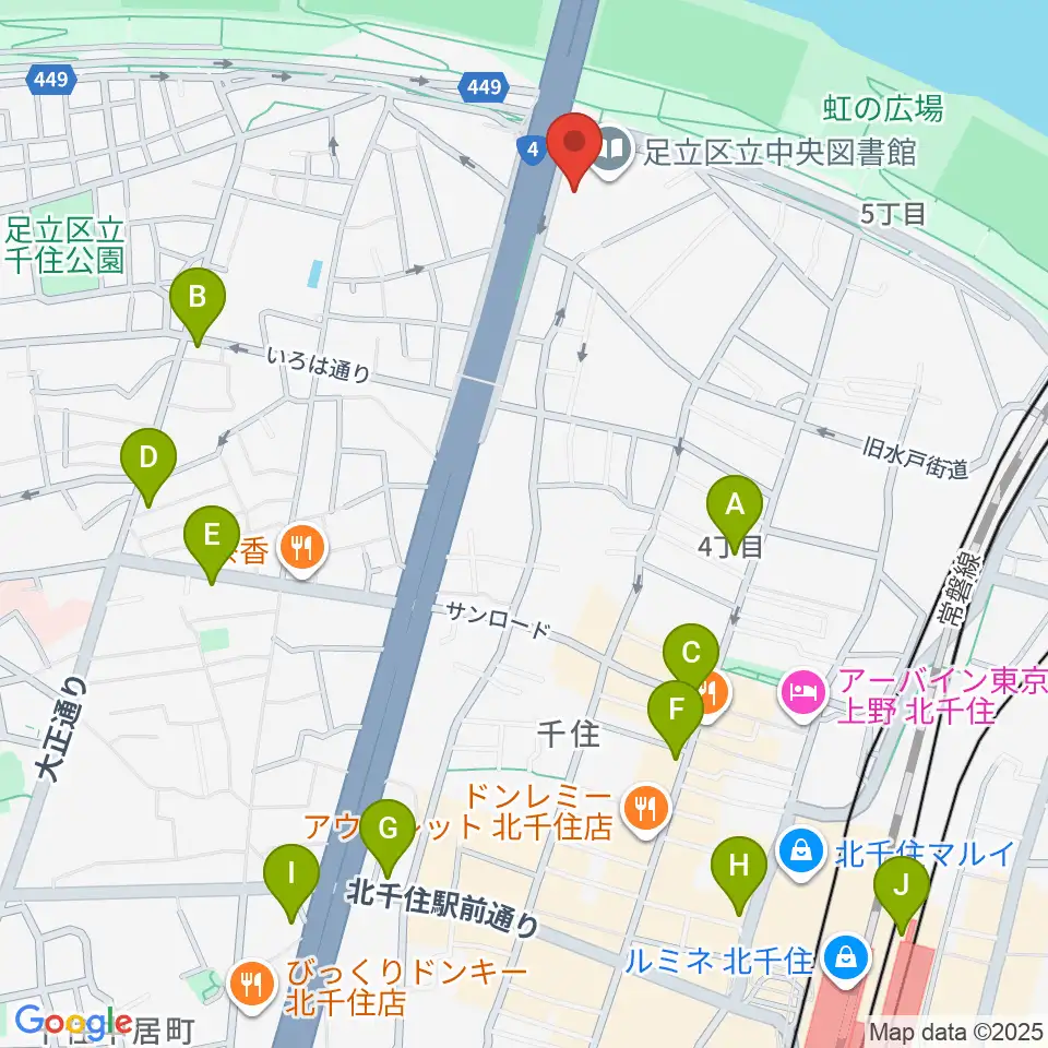 足立区生涯学習センター周辺のコンビニエンスストア一覧地図