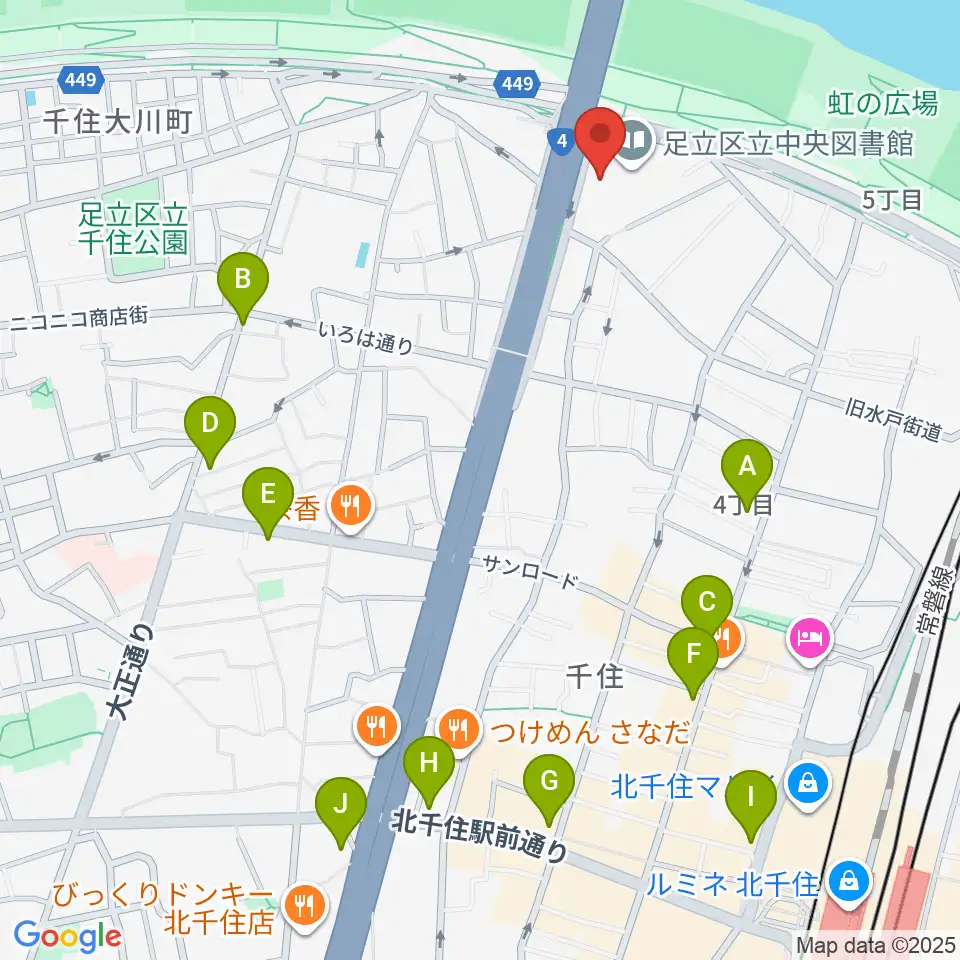 足立区生涯学習センター周辺のコンビニエンスストア一覧地図