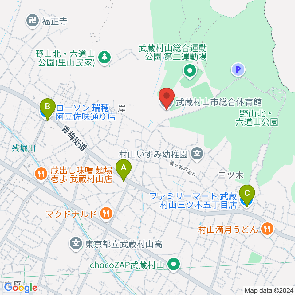 武蔵村山市総合体育館周辺のコンビニエンスストア一覧地図