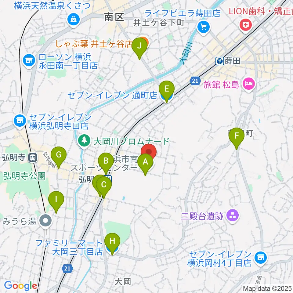 横浜市南スポーツセンター周辺のコンビニエンスストア一覧地図