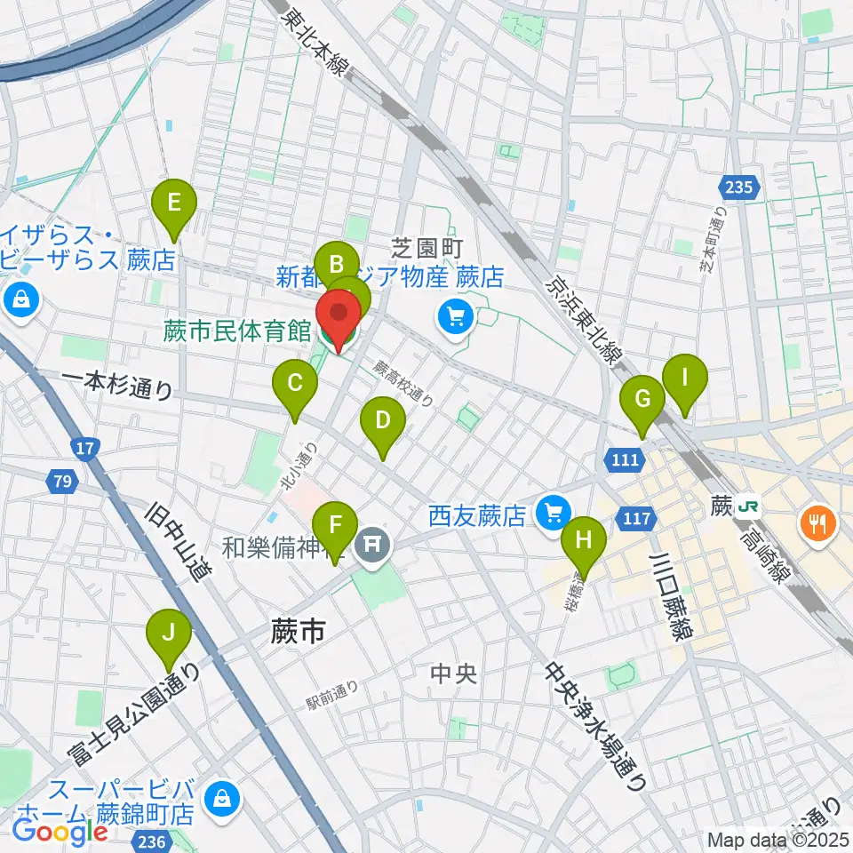 蕨市民体育館周辺のコンビニエンスストア一覧地図