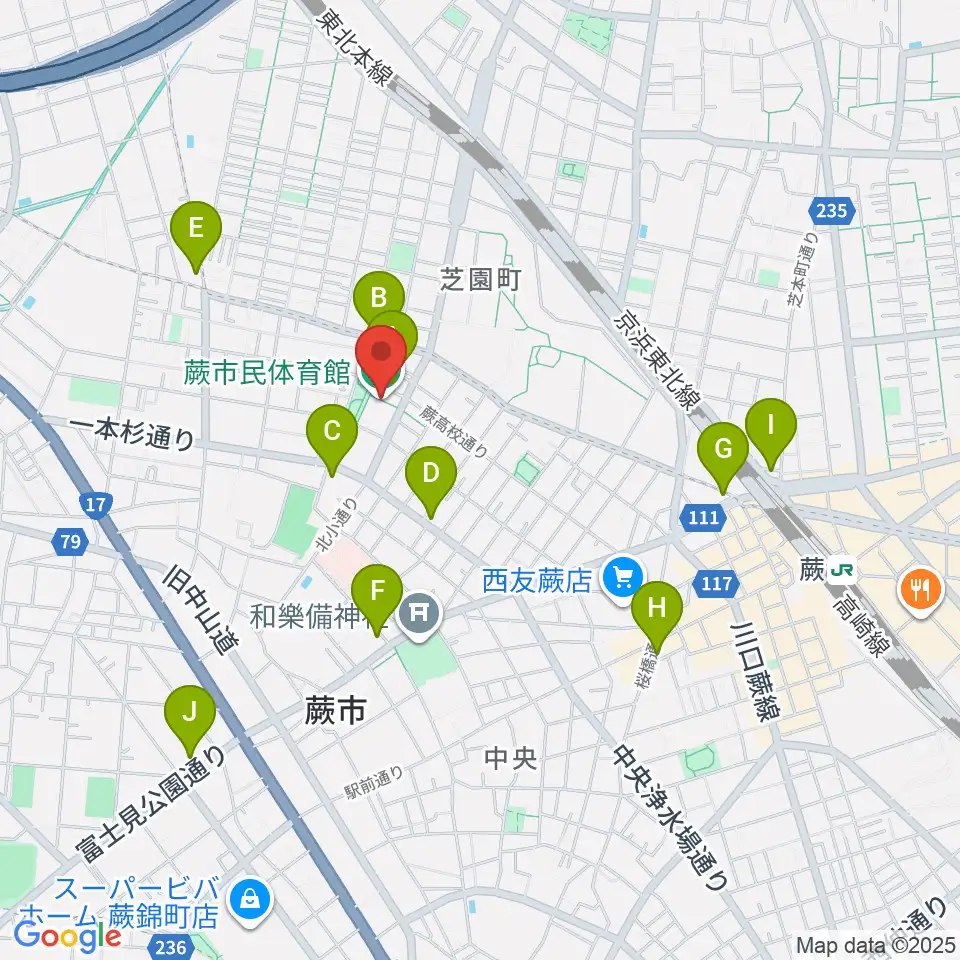 蕨市民体育館周辺のコンビニエンスストア一覧地図