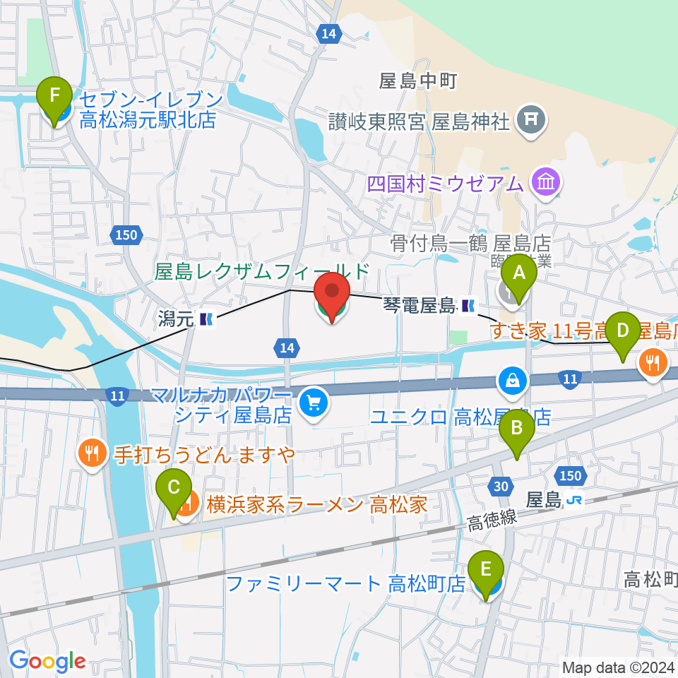 屋島レクザムフィールド周辺のコンビニエンスストア一覧地図