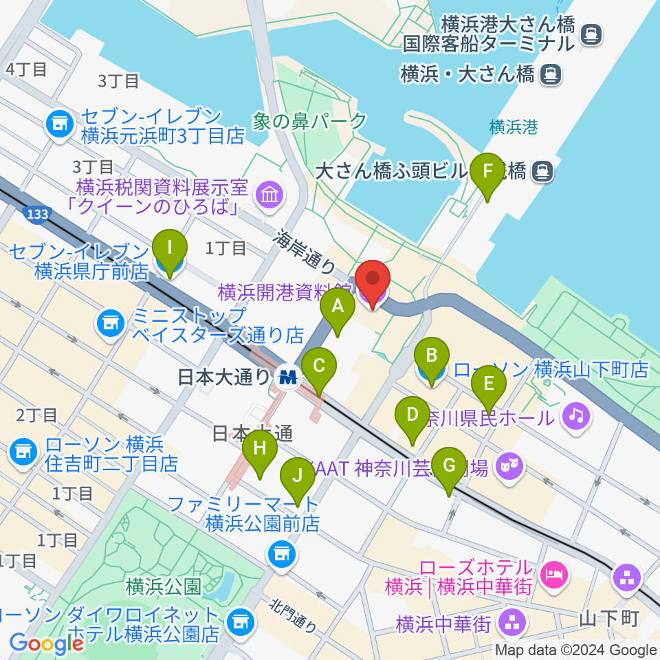 横浜開港資料館周辺のコンビニエンスストア一覧地図