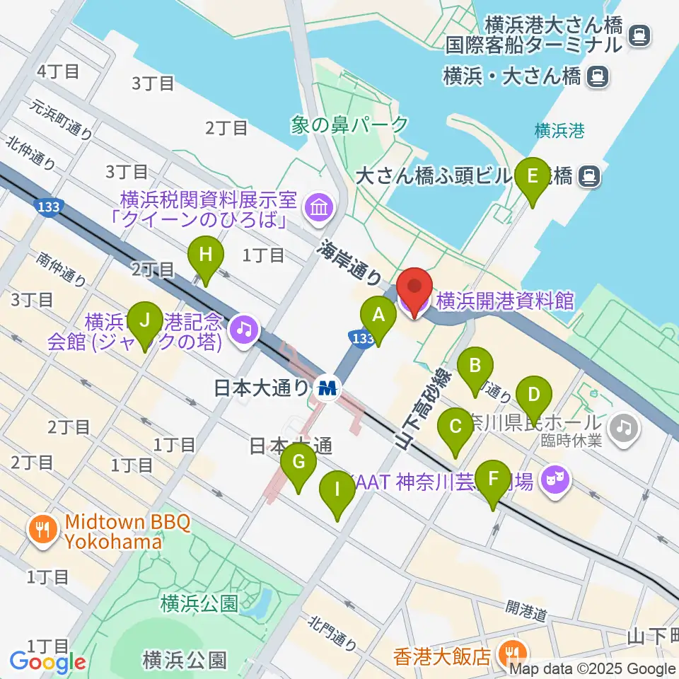 横浜開港資料館周辺のコンビニエンスストア一覧地図