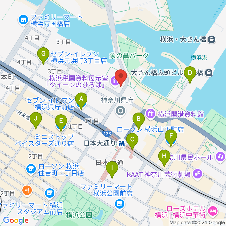 横浜税関資料展示室クイーンのひろば周辺のコンビニエンスストア一覧地図