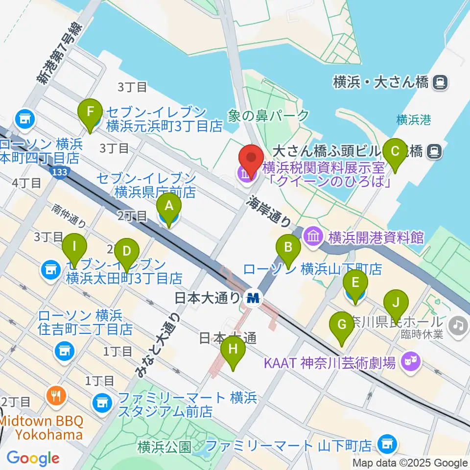 横浜税関資料展示室クイーンのひろば周辺のコンビニエンスストア一覧地図