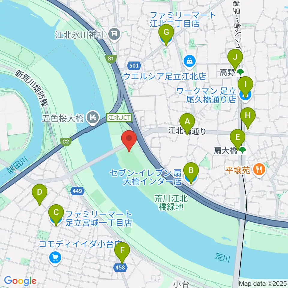 江北橋緑地左岸野球場周辺のコンビニエンスストア一覧地図
