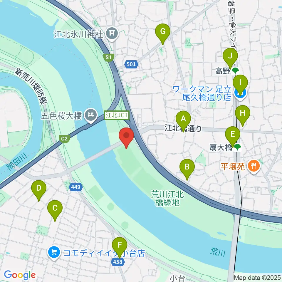 江北橋緑地左岸野球場周辺のコンビニエンスストア一覧地図