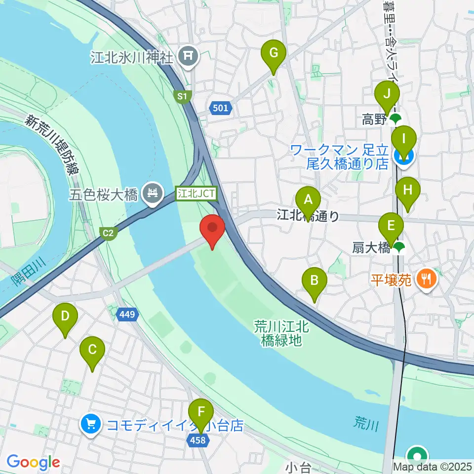 江北橋緑地左岸野球場周辺のコンビニエンスストア一覧地図