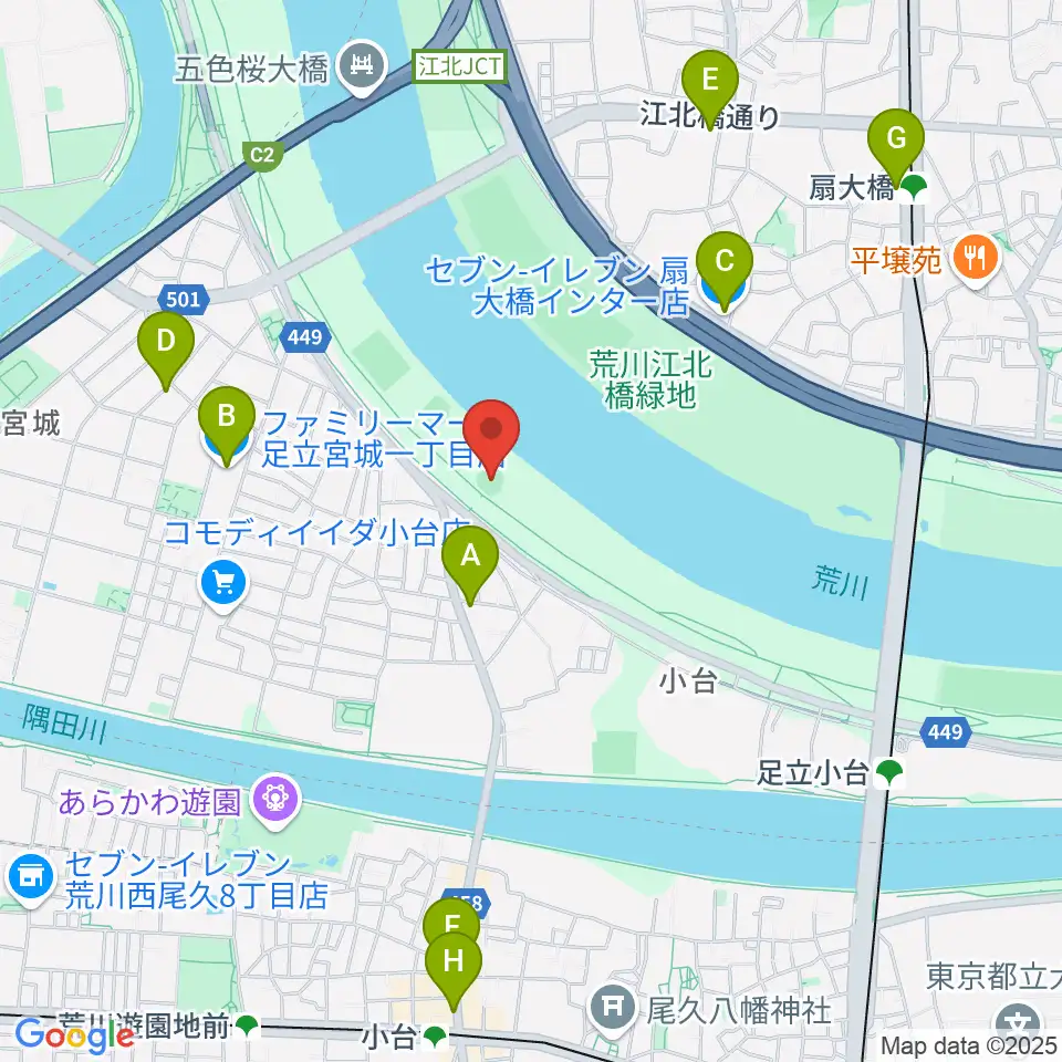 江北橋緑地右岸野球場周辺のコンビニエンスストア一覧地図
