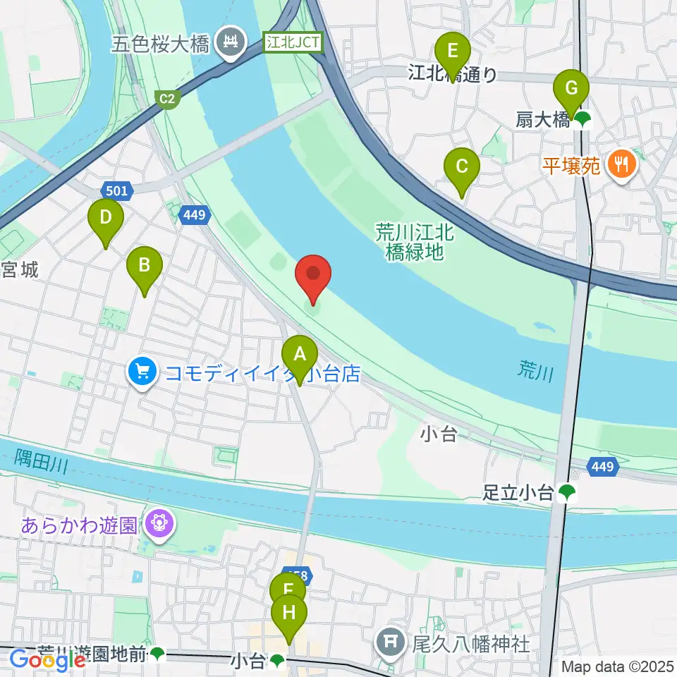 江北橋緑地右岸野球場周辺のコンビニエンスストア一覧地図