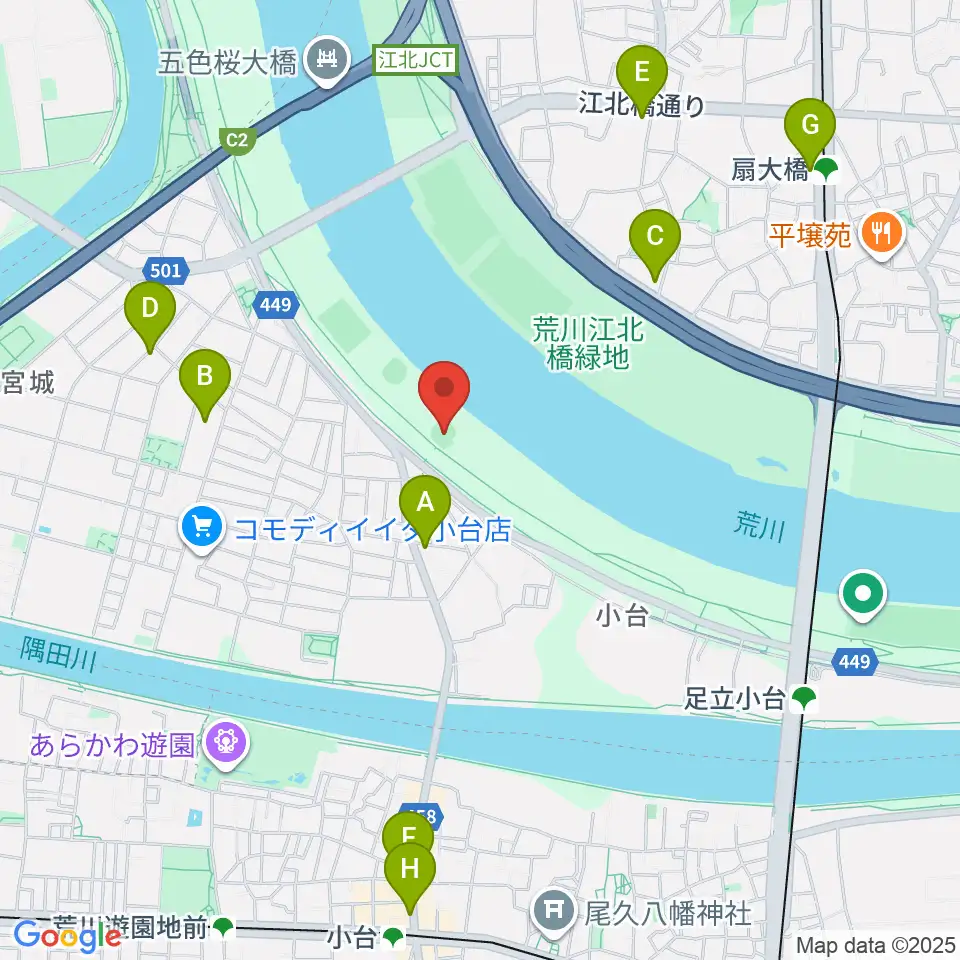 江北橋緑地右岸野球場周辺のコンビニエンスストア一覧地図