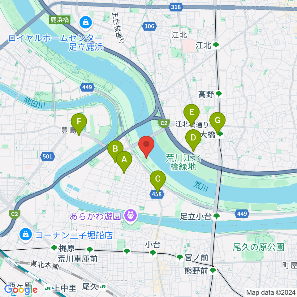 江北橋緑地右岸球技場周辺のコンビニエンスストア一覧地図