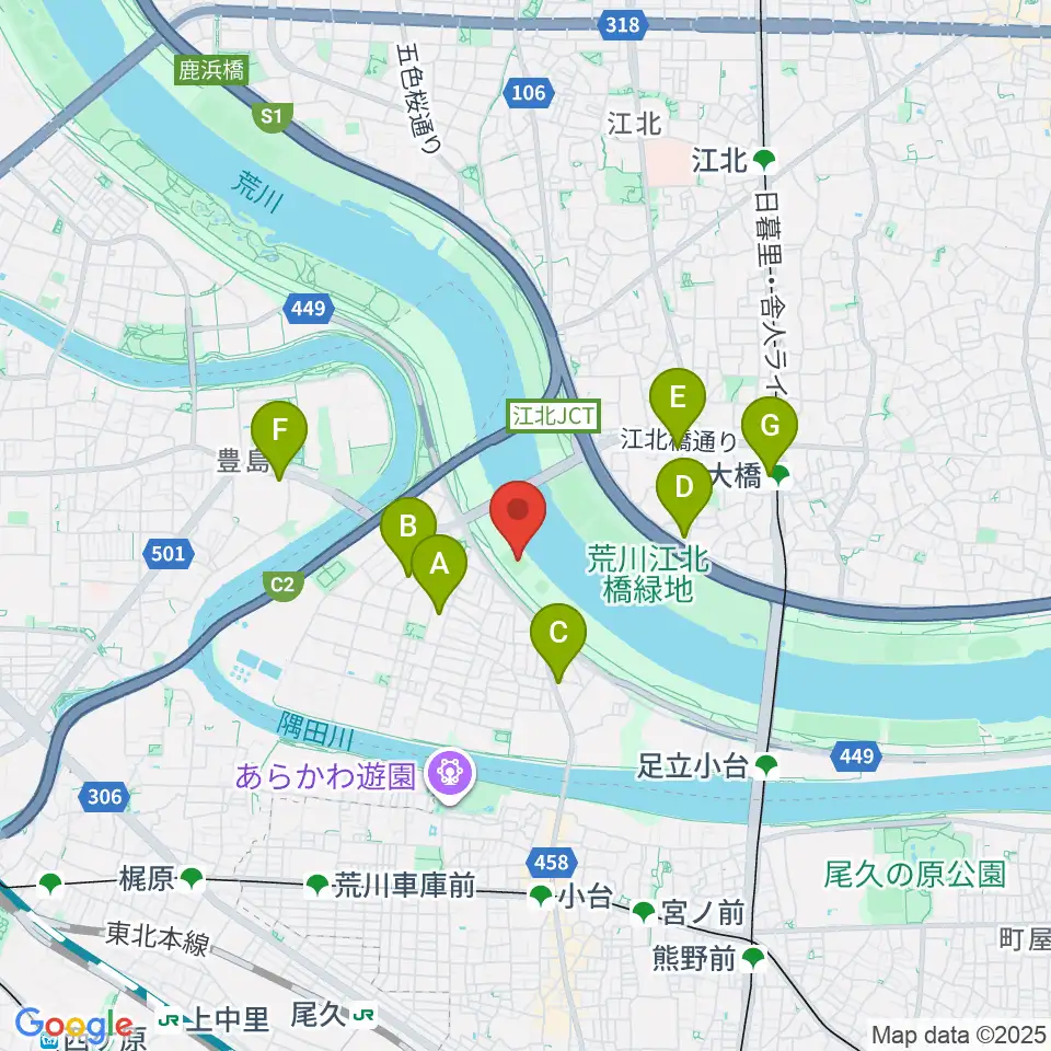 江北橋緑地右岸球技場周辺のコンビニエンスストア一覧地図