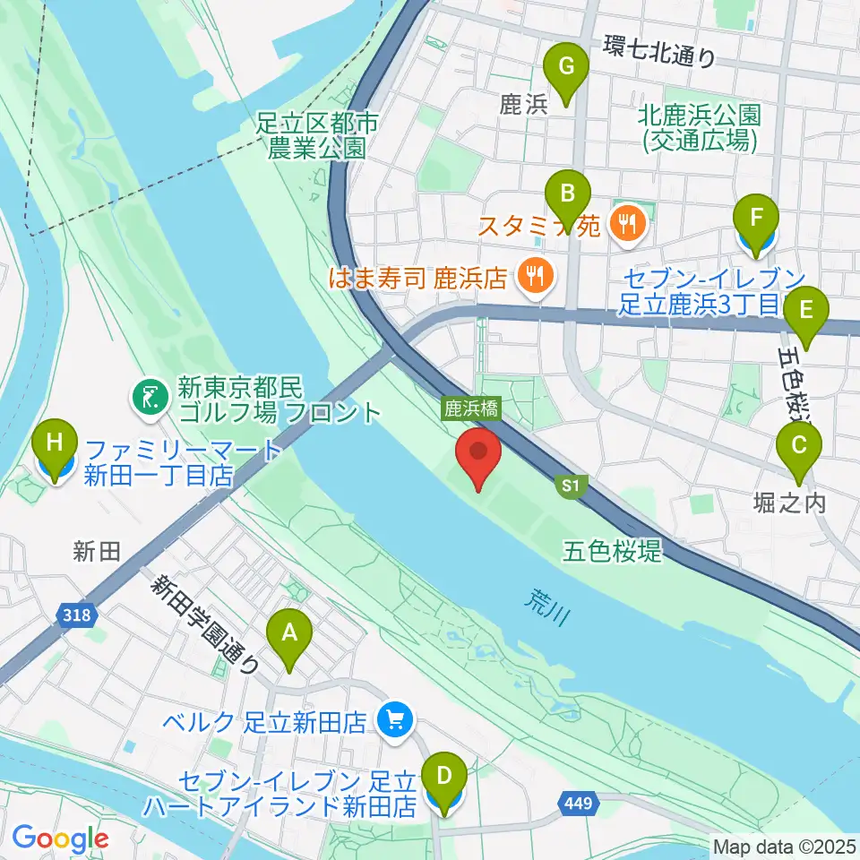 鹿浜橋緑地野球場周辺のコンビニエンスストア一覧地図