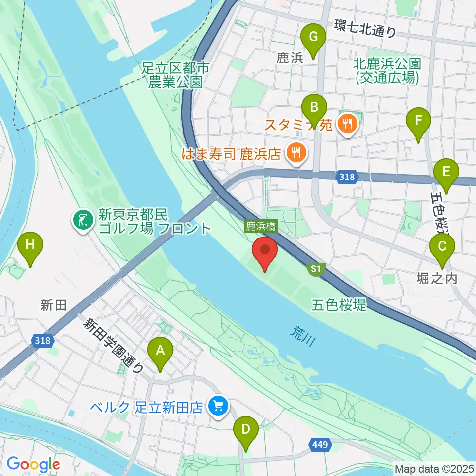 鹿浜橋緑地野球場周辺のコンビニエンスストア一覧地図