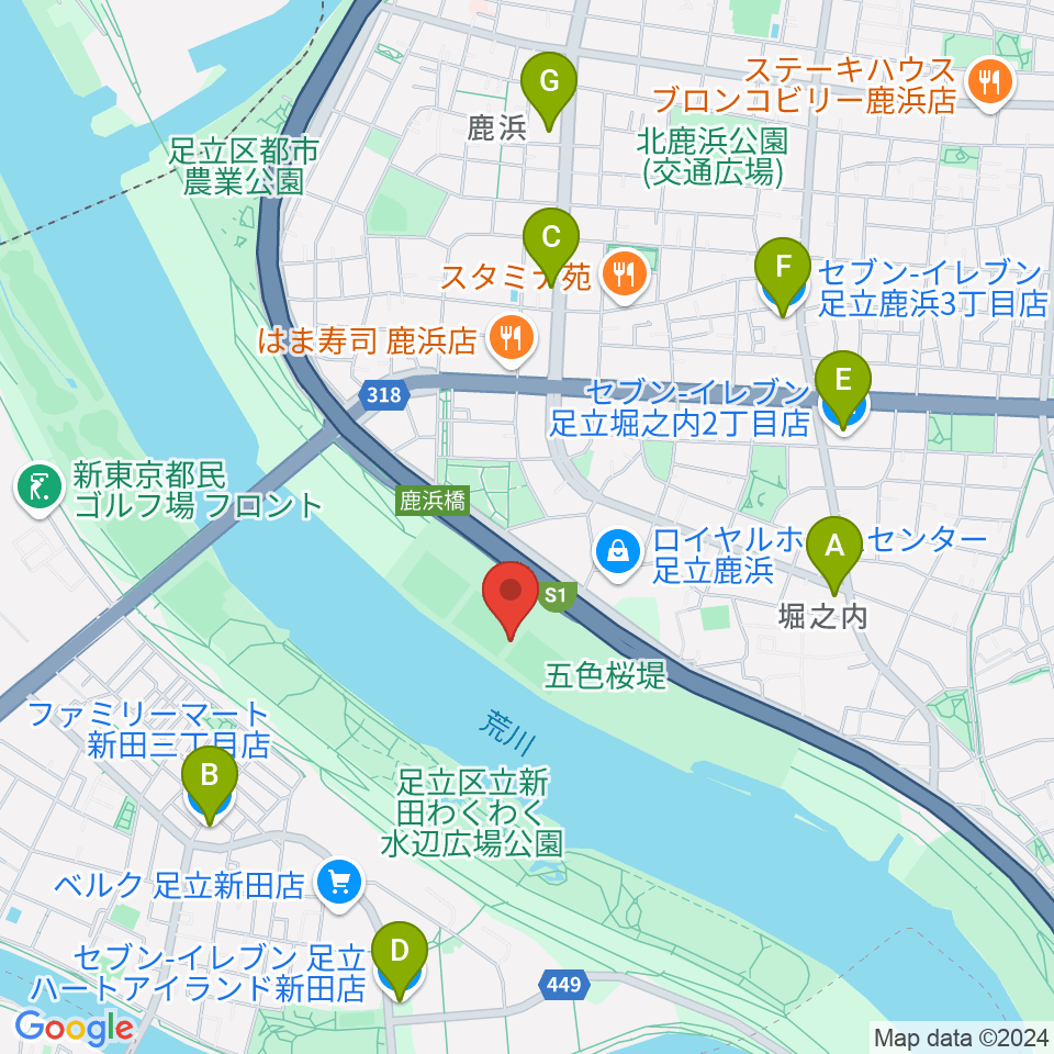 鹿浜橋緑地球技場周辺のコンビニエンスストア一覧地図