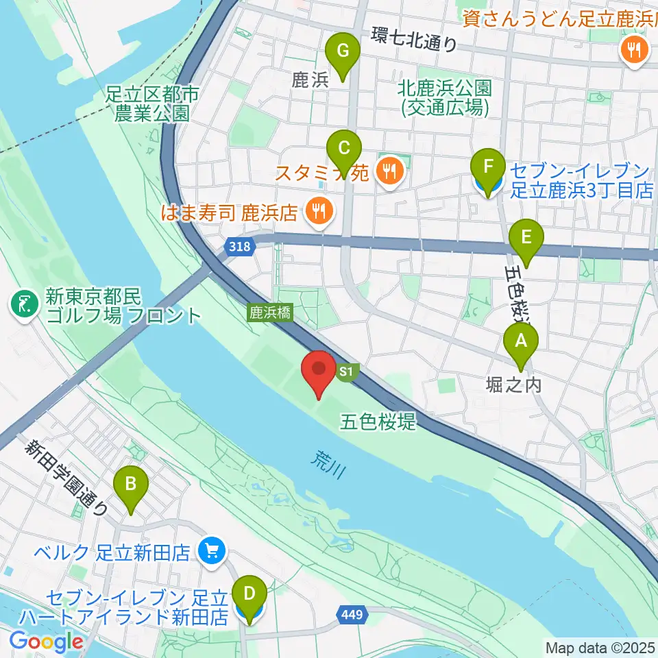鹿浜橋緑地球技場周辺のコンビニエンスストア一覧地図