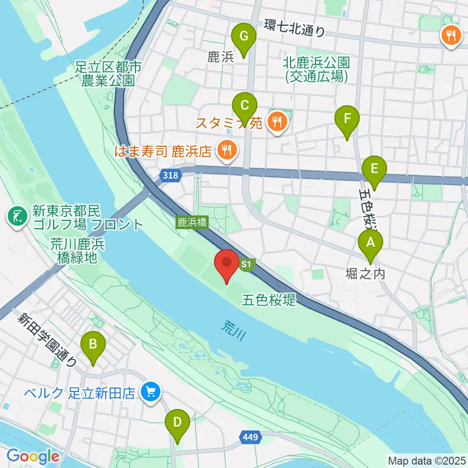 鹿浜橋緑地球技場周辺のコンビニエンスストア一覧地図