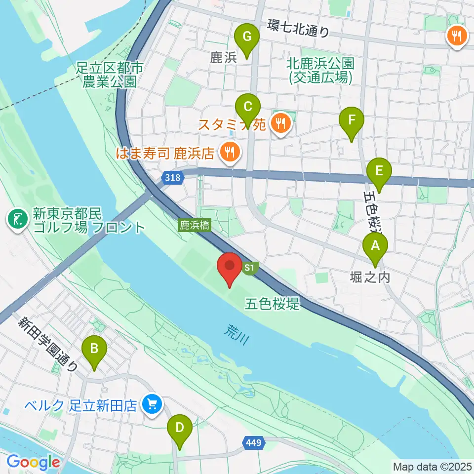 鹿浜橋緑地球技場周辺のコンビニエンスストア一覧地図