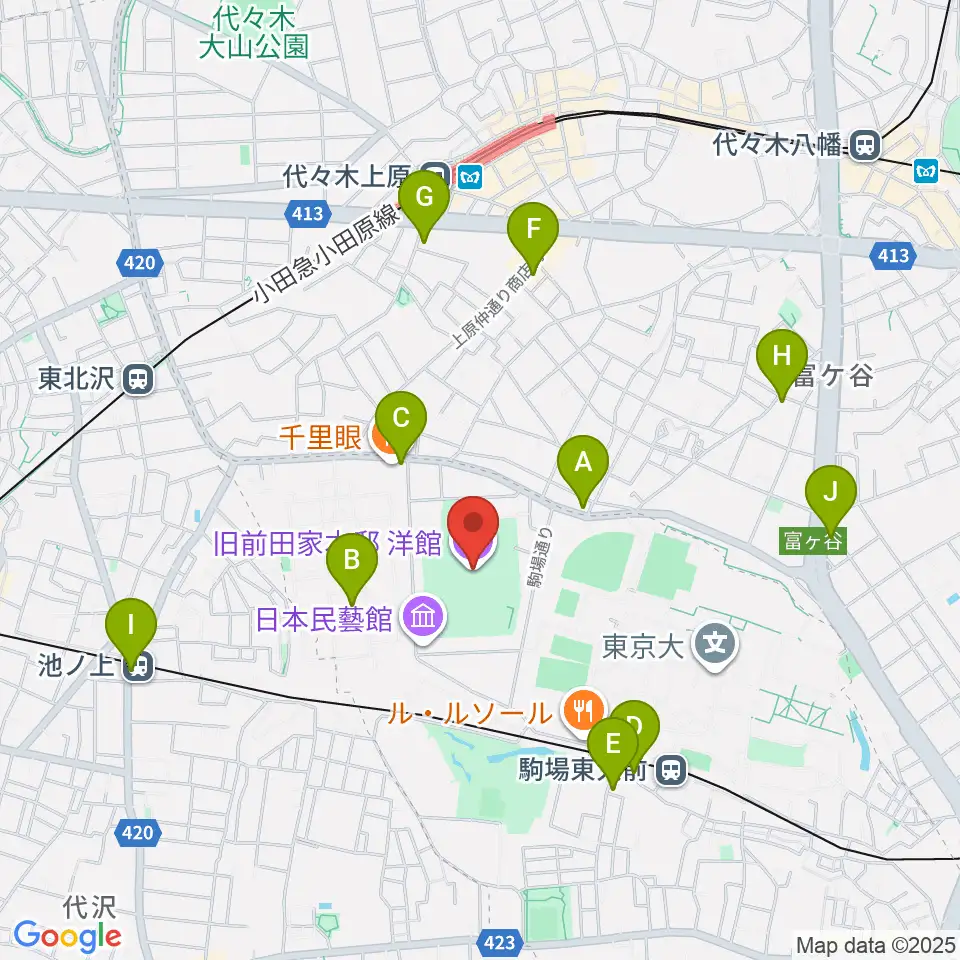 旧前田家本邸周辺のコンビニエンスストア一覧地図