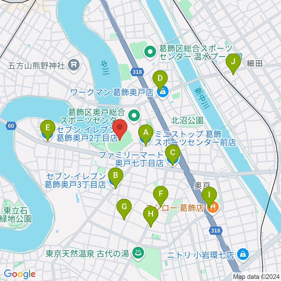 奥戸総合スポーツセンター陸上競技場周辺のコンビニエンスストア一覧地図