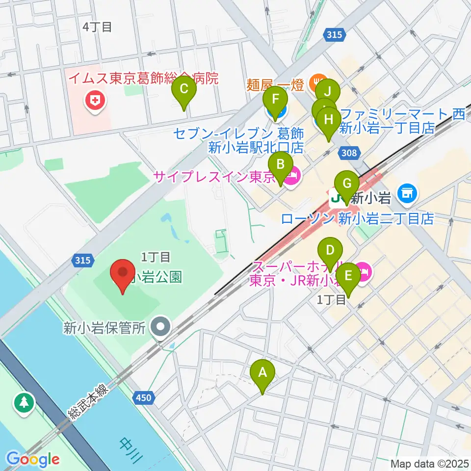 新小岩公園野球場周辺のコンビニエンスストア一覧地図