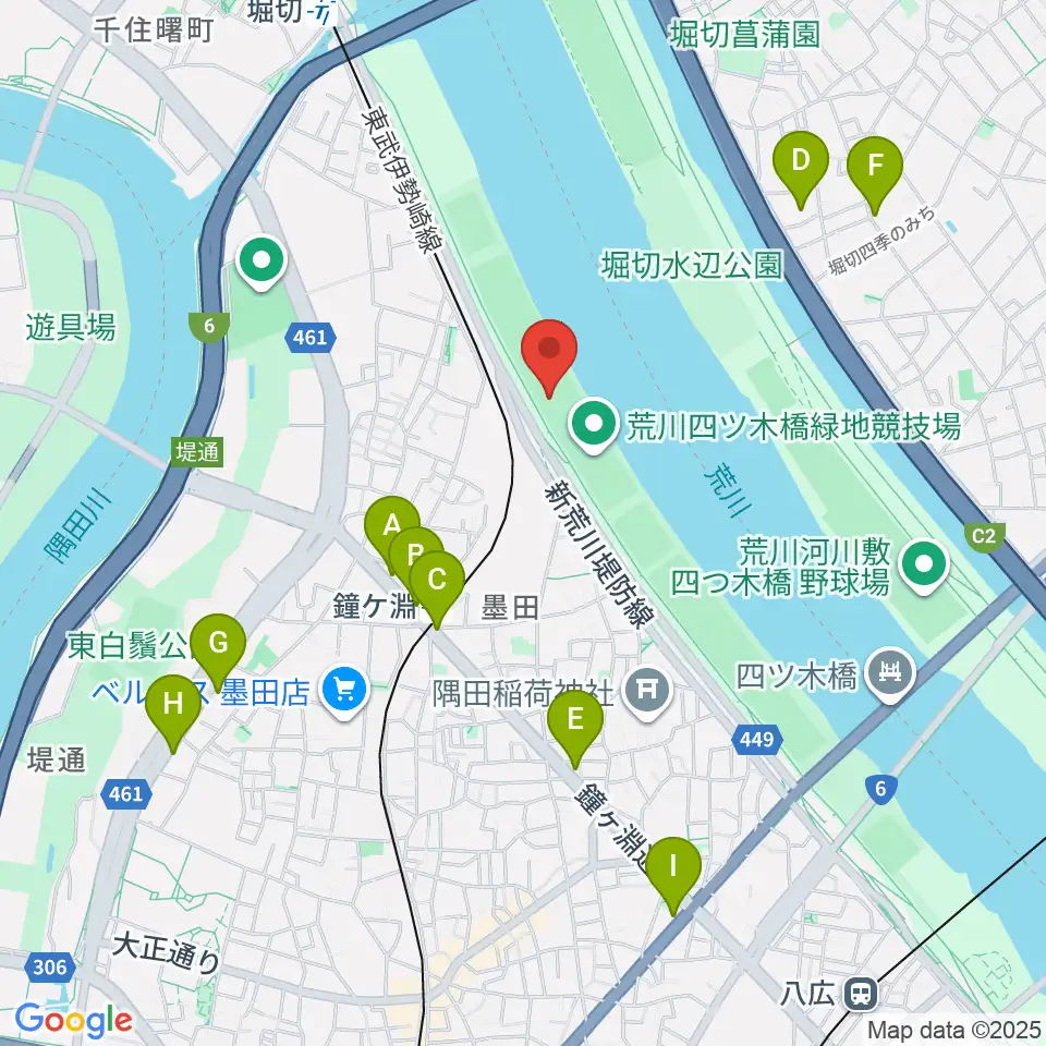 荒川四ツ木橋緑地野球場周辺のコンビニエンスストア一覧地図