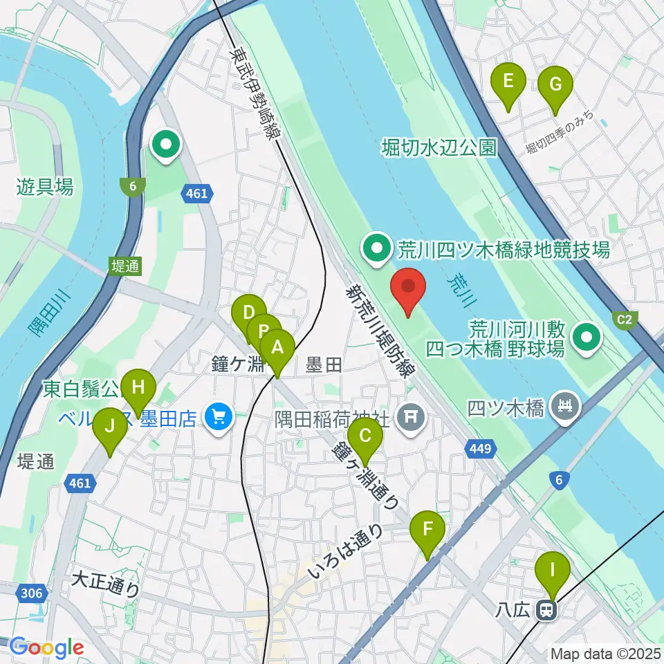 荒川四ツ木橋緑地球技場周辺のコンビニエンスストア一覧地図